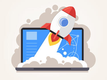 Start up new project concept stock illustration of rocket ship coming out of laptop