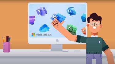 Cartoon male character with thumbs up in front of computer screen with icons for Microsoft 365
