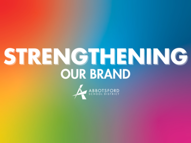 Colourful gradient background with bold text that reads "Strengthening Our Brand" with the AbbySchools logo