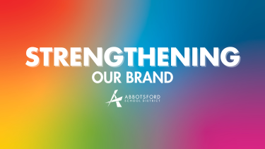 Colourful gradient background with bold text that reads "Strengthening Our Brand" with the AbbySchools logo